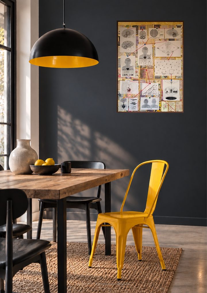 Sfeerimpressie: het werk aan een donkere muur boven een eettafel met een gele stoel.