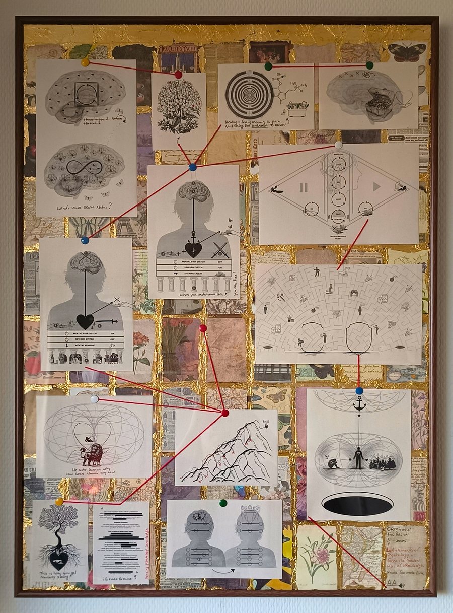 Lost elements of psychology: een ingelijst werk met bladgoudkleur en vintage kaarten, waarop twaalf illustraties over het brein hangen, verbonden met rode draad op punaises.
