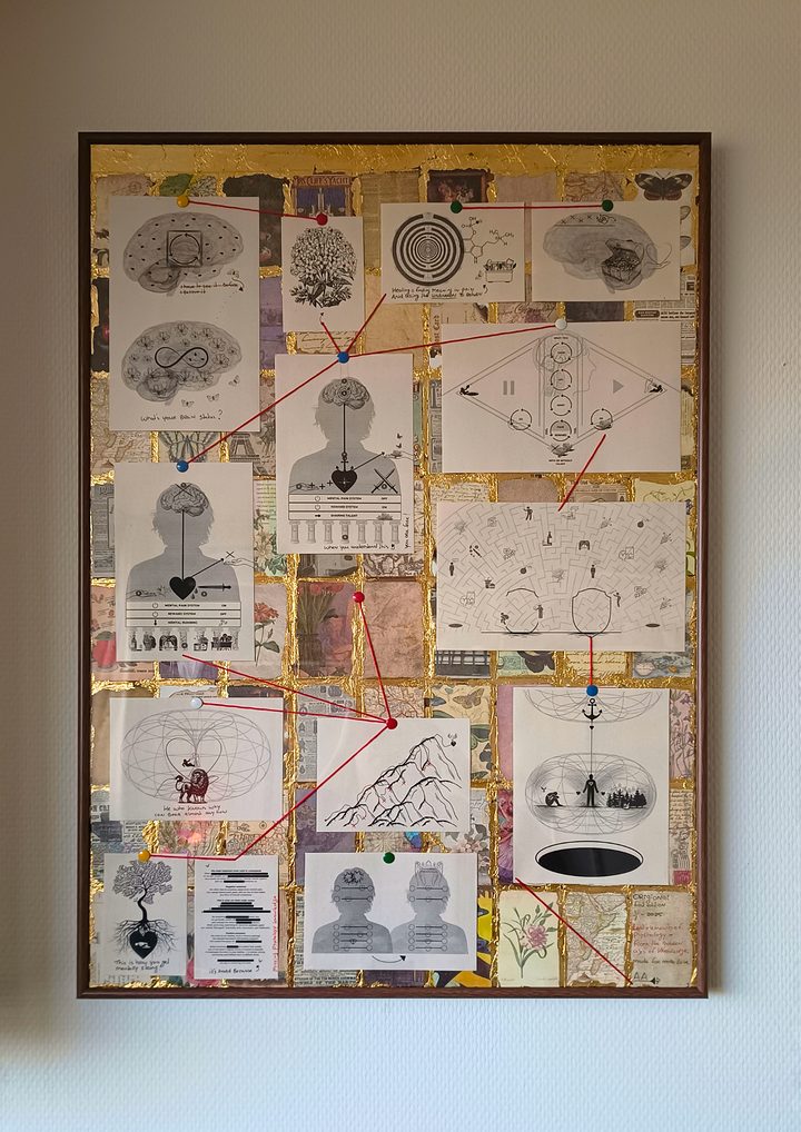 Lost elements of psychology: het ingelijste werk aan de muur, met vintage kaarten op een goudkleurige laag en twaalf illustraties, verbonden met rode draad.